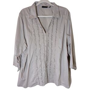 Avenue Womens Sz 30/32 Ruffle Front V-Neck Button Down 100% Cotton